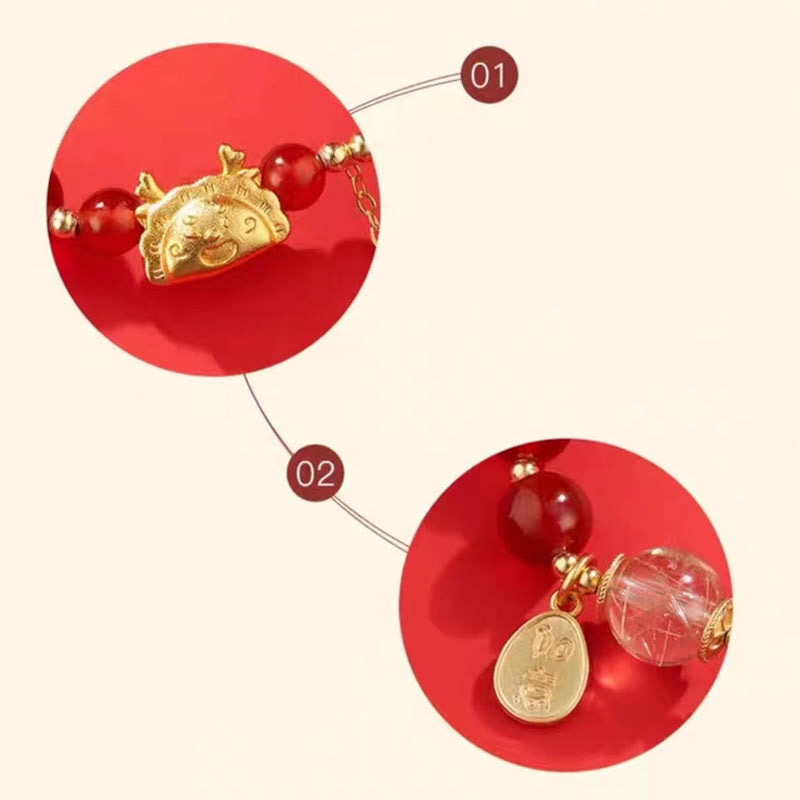 Wear FengShui Year of the Dragon Dumpling Natural Red Agate Garnet Hetian Jade Fu Character Luck Success Bracelet