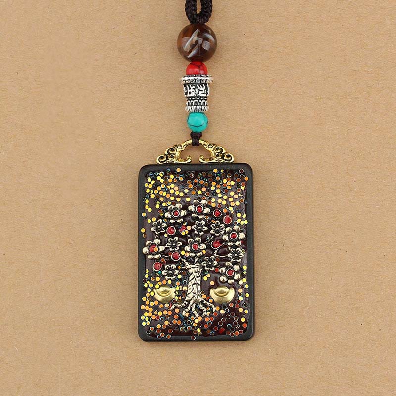 Wear FengShui Tibet God Of Wealth Money Tree Golden Phoenix Thangka Ebony Peace Necklace Pendant