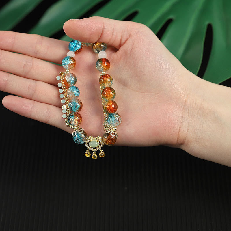 Wear FengShui Colorful Liuli Glass Bead Chinese Lock Charm Fortune Bracelet