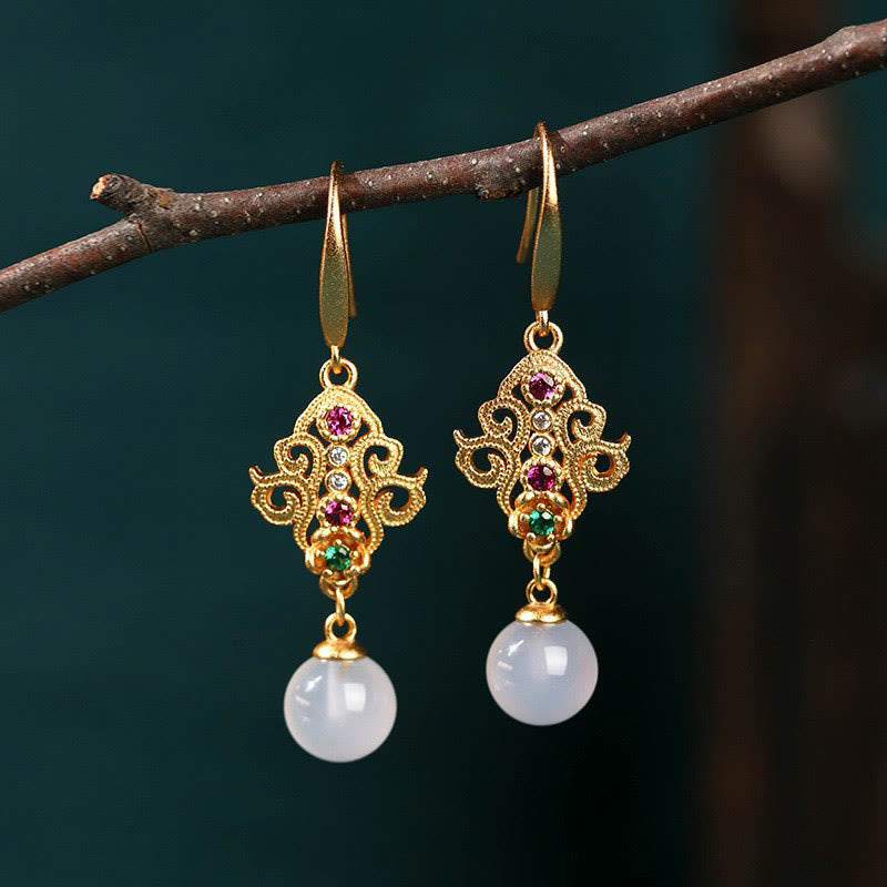 Wear FengShui 24K Gold Plated Round Chalcedony Positive Dangle Drop Earrings