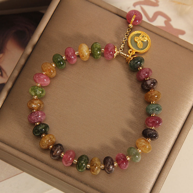 Wear FengShui Natural Colorful Tourmaline Cute Rabbit Charm Positive Bracelet