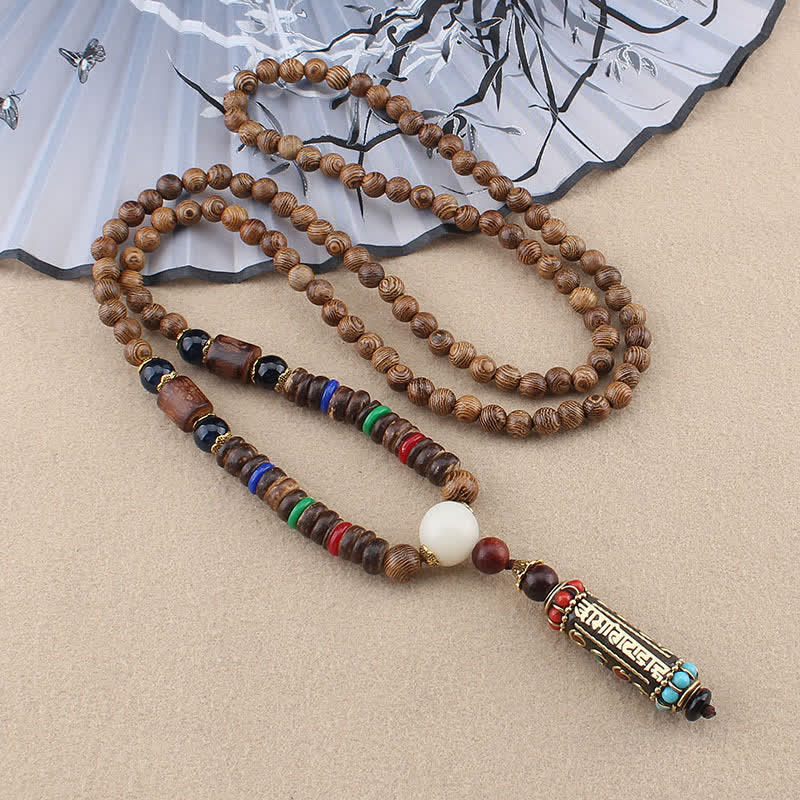 Wear FengShui Tibetan Om Mani Padme Hum Dzi Bead Wenge Wood Necklace Pendant