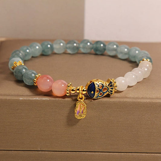 Wear FengShui Jade Yanyuan Agate White Jade Koi Fish Scripture Charm Luck Bracelet