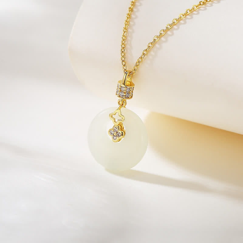 Wear FengShui 925 Sterling Silver Hetian White Jade Coin Flower Peace Buckle Luck Necklace Pendant