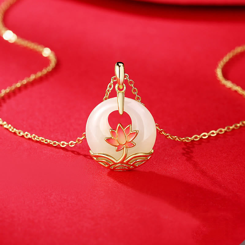 Wear FengShui 925 Sterling Silver Hetian White Jade Lotus Flower Blessing Necklace Pendant