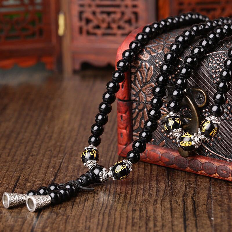 Wear FengShui Black Obsidian Six True Words Protection Mala Bracelet