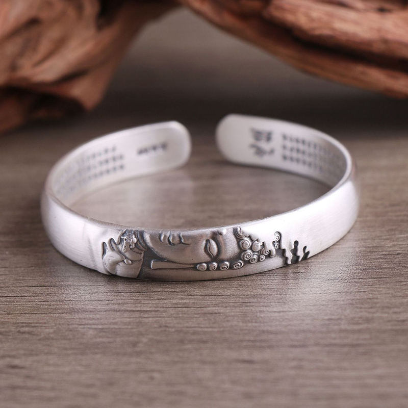 Wear FengShui 999 Sterling Silver Buddha Head Heart Sutra Serenity Bracelet Bangle
