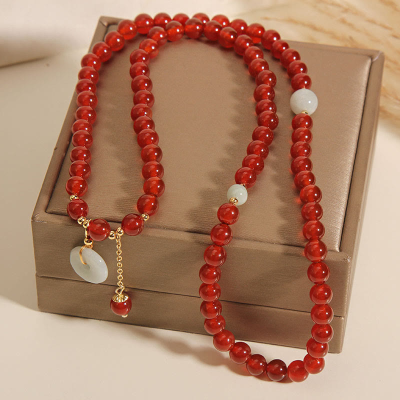 Wear FengShui Natural Red Agate Jade Peace Buckle Calm Triple Wrap Bracelet