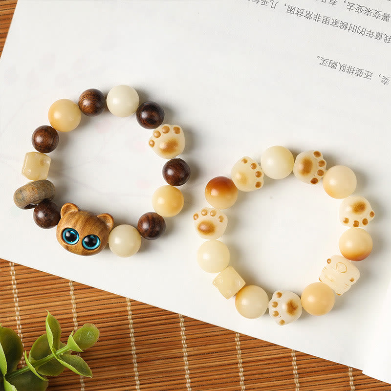 Wear FengShui Natural Bodhi Seed Sandalwood Lucky Cute Cat Head Paw Claw Peace Bracelet