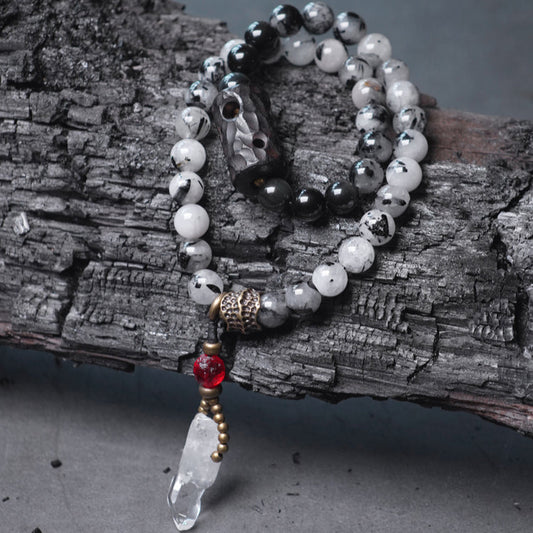 Double-Layer Black Rutilated Quartz Bracelet with White Crystal Pendant for Protection & Mental Clarity