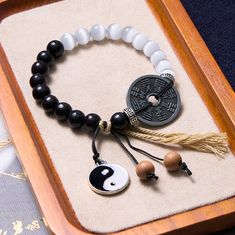Wear FengShui Cat's Eye Ebony Wood Yin Yang Bagua Coin Support Rope Bracelet