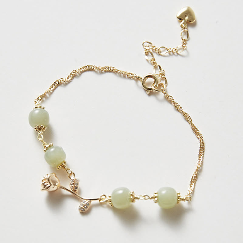 Wear FengShui 14K Gold Plated Hetian Jade Golden Rose Flower Luck Chain Bracelet