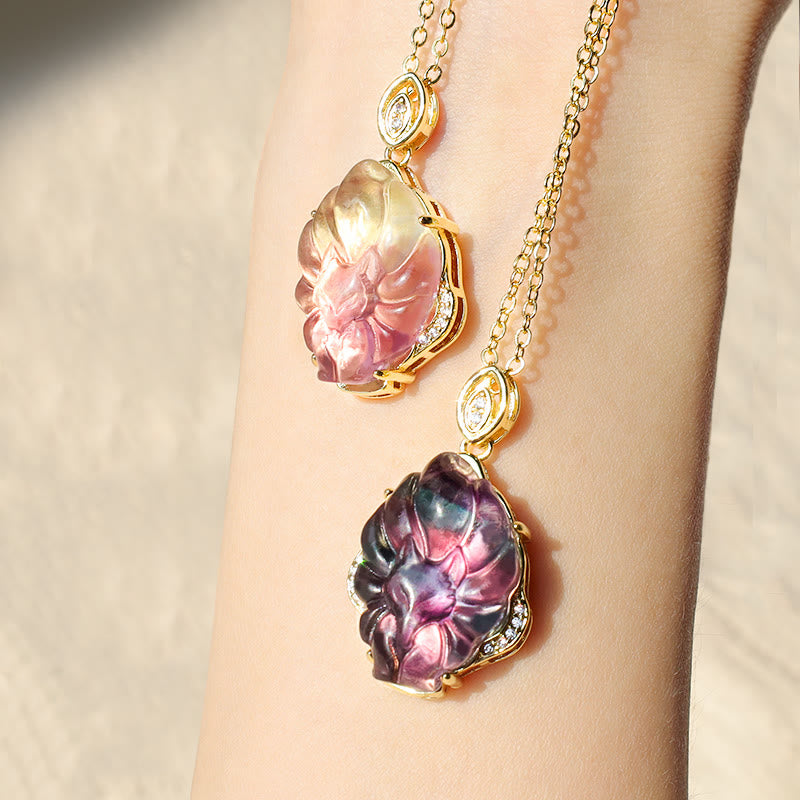 Wear FengShui Natural Colorful Fluorite Nine Tailed Fox Protection Necklace Pendant