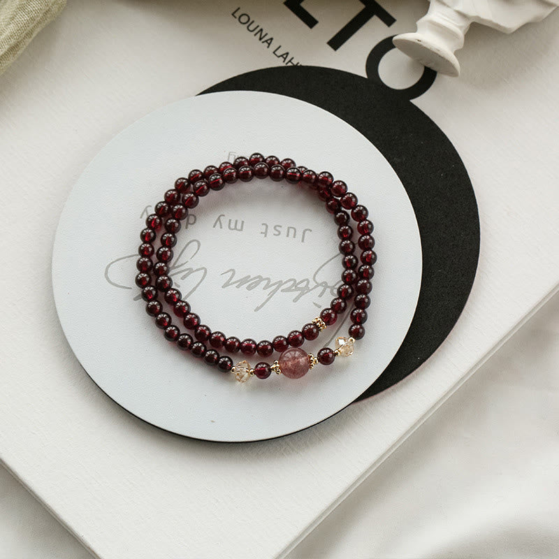 Wear FengShui 14K Gold Plated Natural Garnet Strawberry Quartz Stability Double Wrap Bracelet