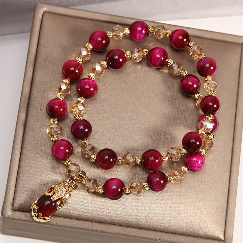 Wear FengShui Tiger Eye Pixiu Fox Money Bag Protection Self Confidence Double Wrap Bracelet
