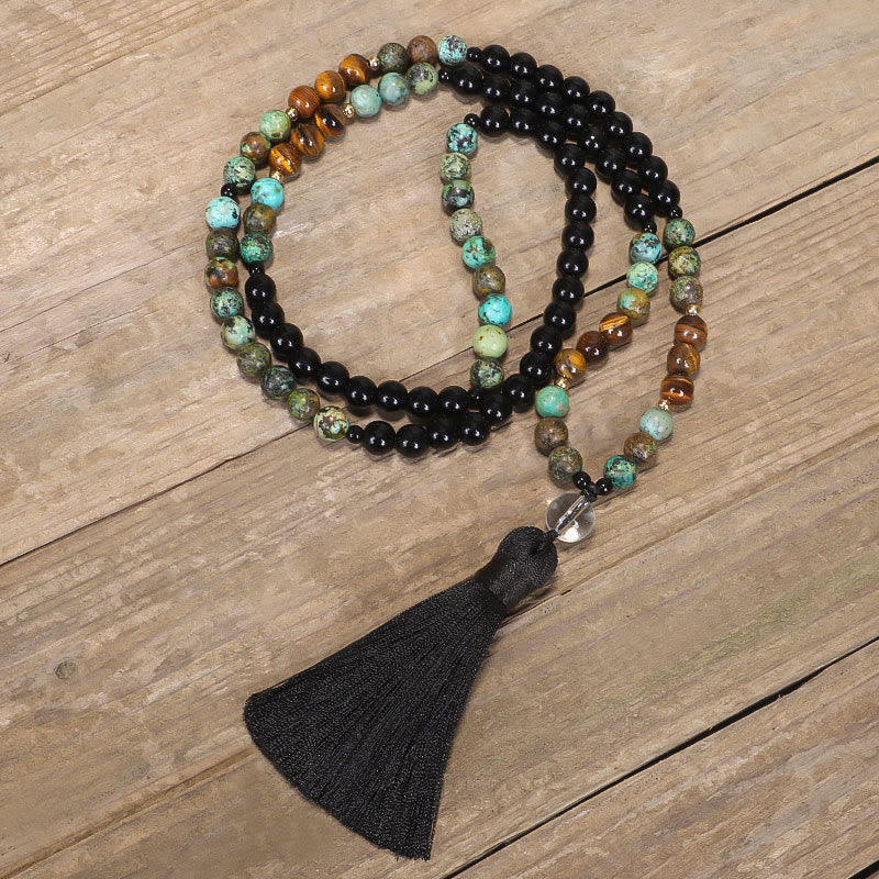 Wear FengShui 108 Mala Beads Natural Stone Tiger Eye Turquoise Protection Strength Bracelet Necklace