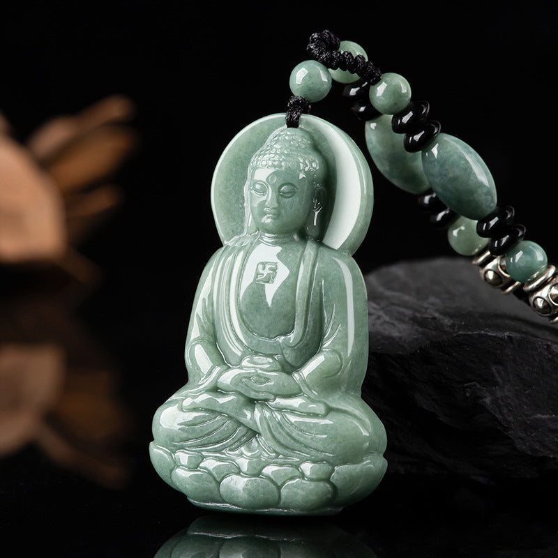 Wear FengShui Amitabha Buddha Jade Amulet Compassion String Necklace