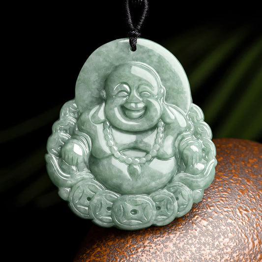 Wear FengShui Laughing Buddha Natural Jade Copper Coin Abundance Necklace Pendant