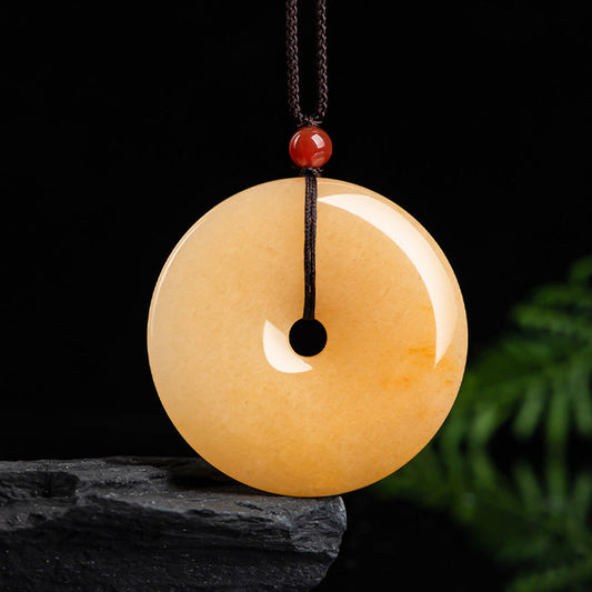Wear FengShui Round Golden Silk Jade Peace Buckle Wealth Pendant Necklace