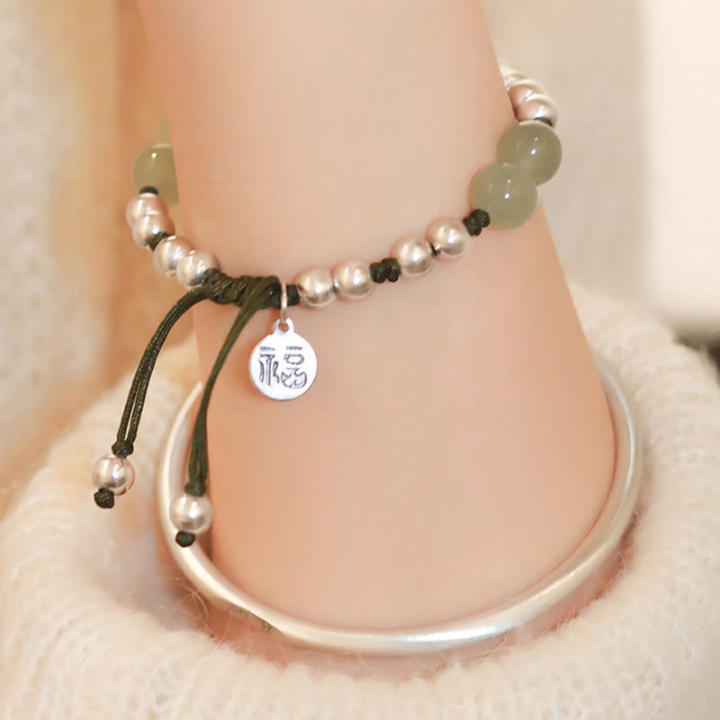 Wear FengShui 925 Sterling Silver Natural Jade Fu Character Bamboo Abundance Bracelet