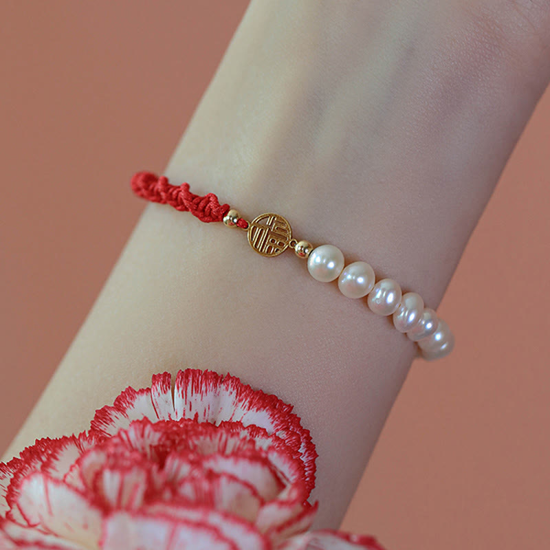 Wear FengShui 14K Gold Plated Pearl Bead Luck Protection Braid Red String Bracelet