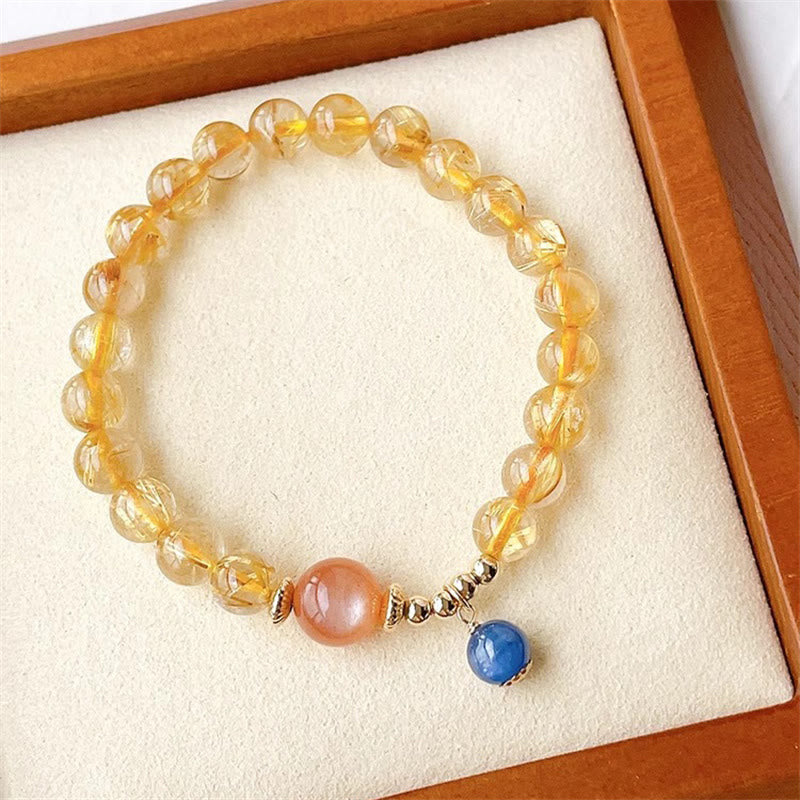 Wear FengShui Natural Gold Rutilated Quartz Sun Stone Kyanite Wealth Bracelet