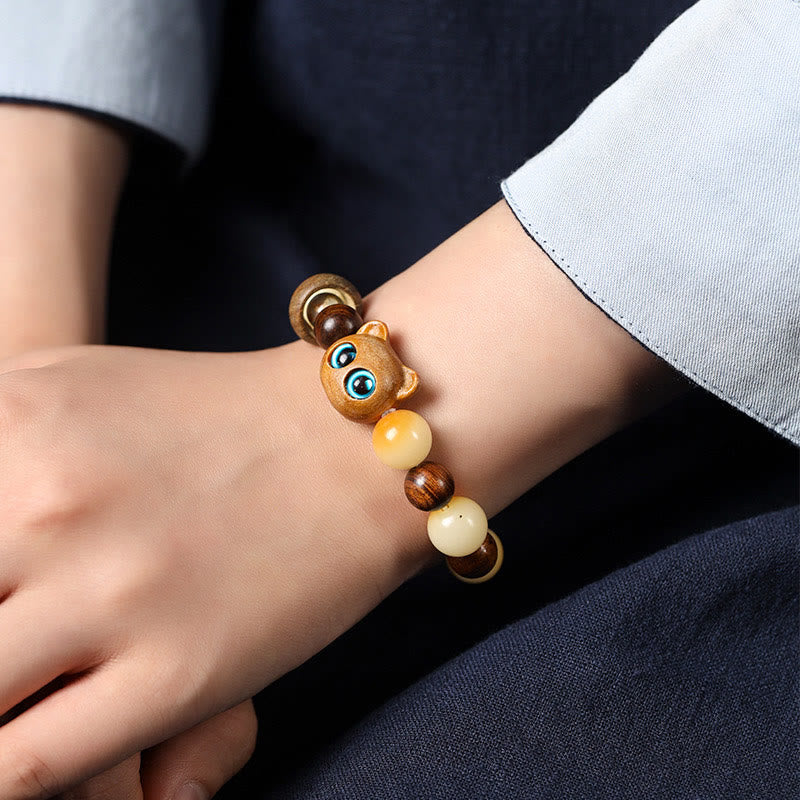 Wear FengShui Natural Bodhi Seed Sandalwood Lucky Cute Cat Head Paw Claw Peace Bracelet