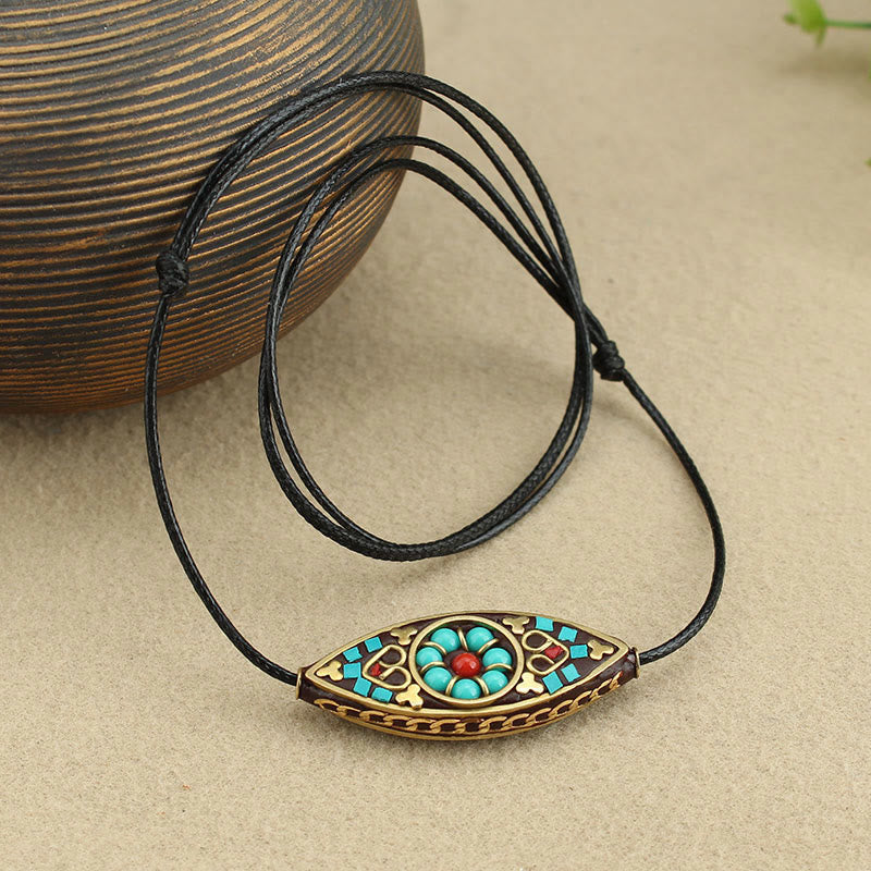 Wear FengShui Tibet Turquoise Bead Marquise Pattern Protection Strength Necklace Pendant