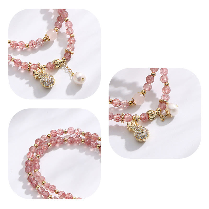 Wear FengShui Strawberry Quartz Money Bag Positive Charm Double Wrap Bracelet