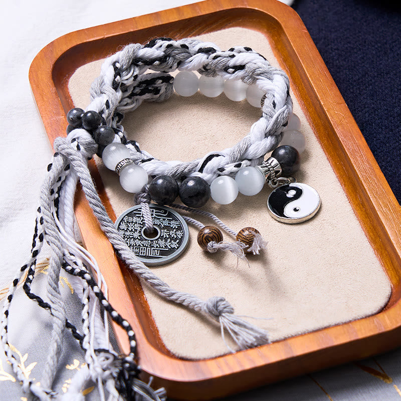 Wear FengShui Black Glitter Stone Cat's Eye Yin Yang Mountain Ghosts Spend Money Power Double Layer Rope Bracelet