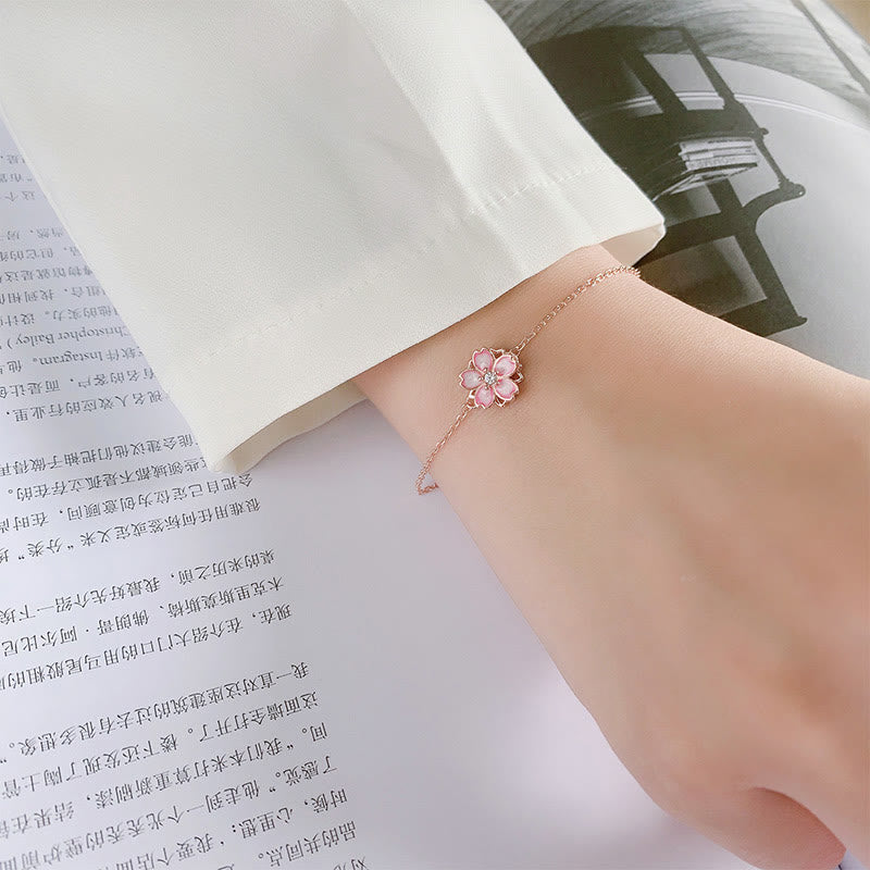 Wear FengShui 925 Sterling Silver Cherry Blossom Blessing Chain Bracelet Rotatable Ring