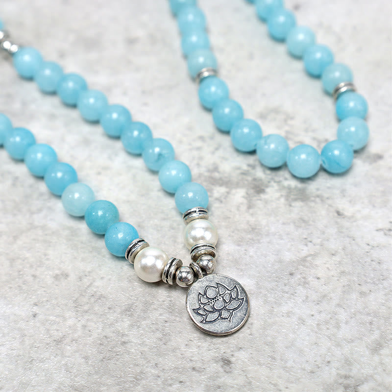 Wear FengShui Natural Amazonite Stone Healing Lotus Mala Bracelet