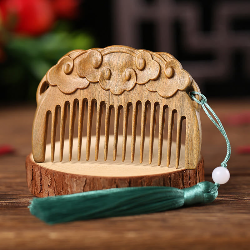 Wear FengShui Green Sandalwood Fox Peony Flower Lotus Engraved Cure Tassel Comb
