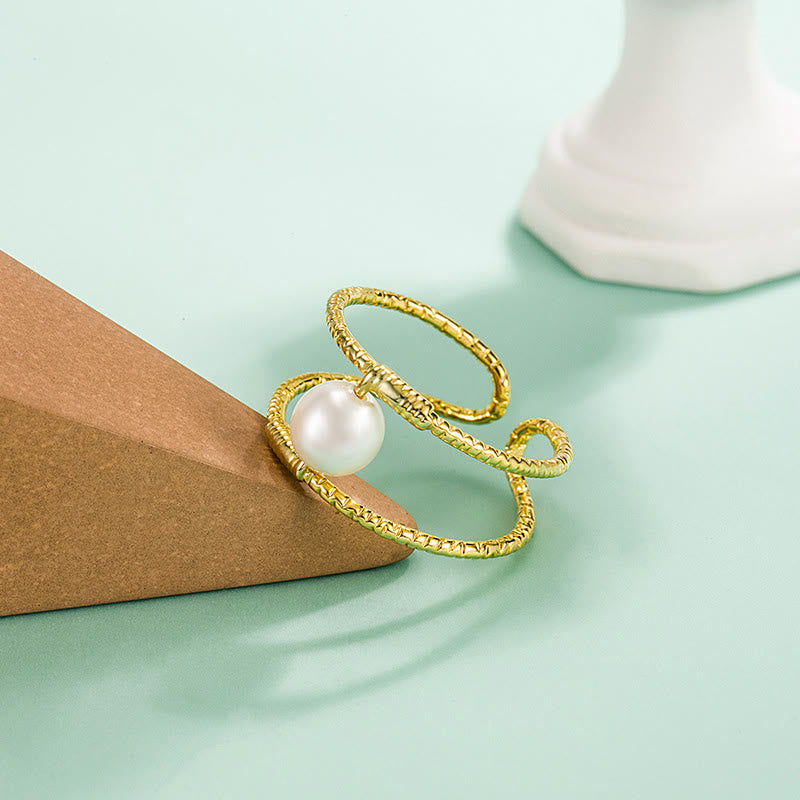 Wear FengShui Round Jade Pearl Bead Double Layer Copper Luck Adjustable Ring