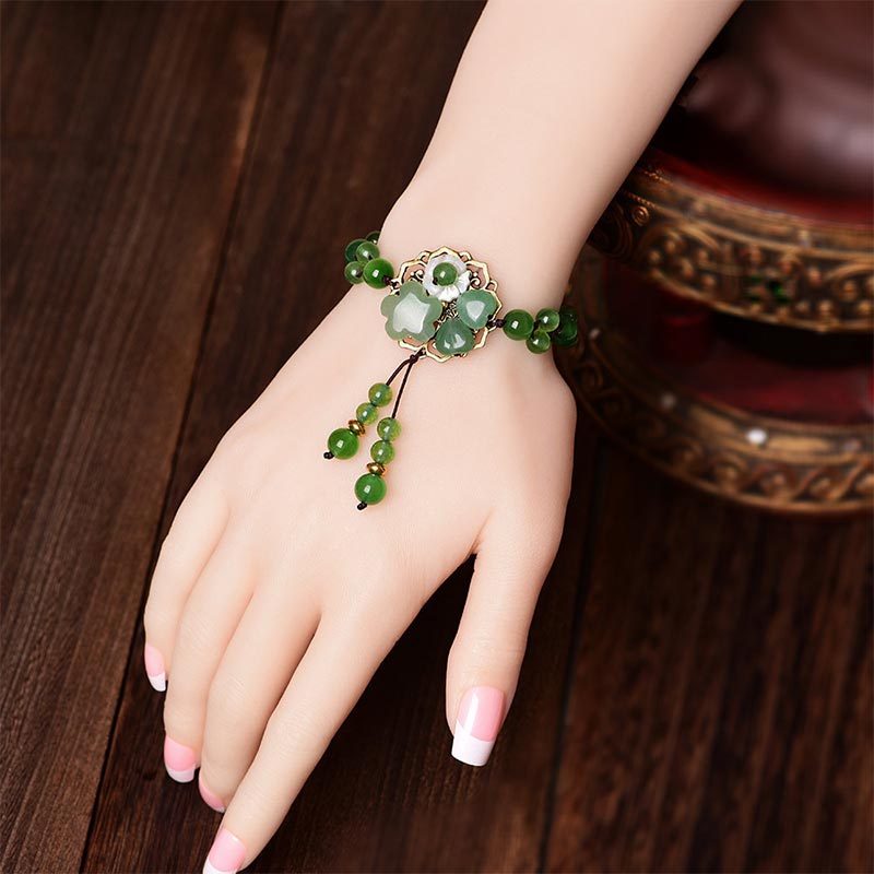Wear FengShui Natural Green Jade Luck Dangling Flower Bracelet