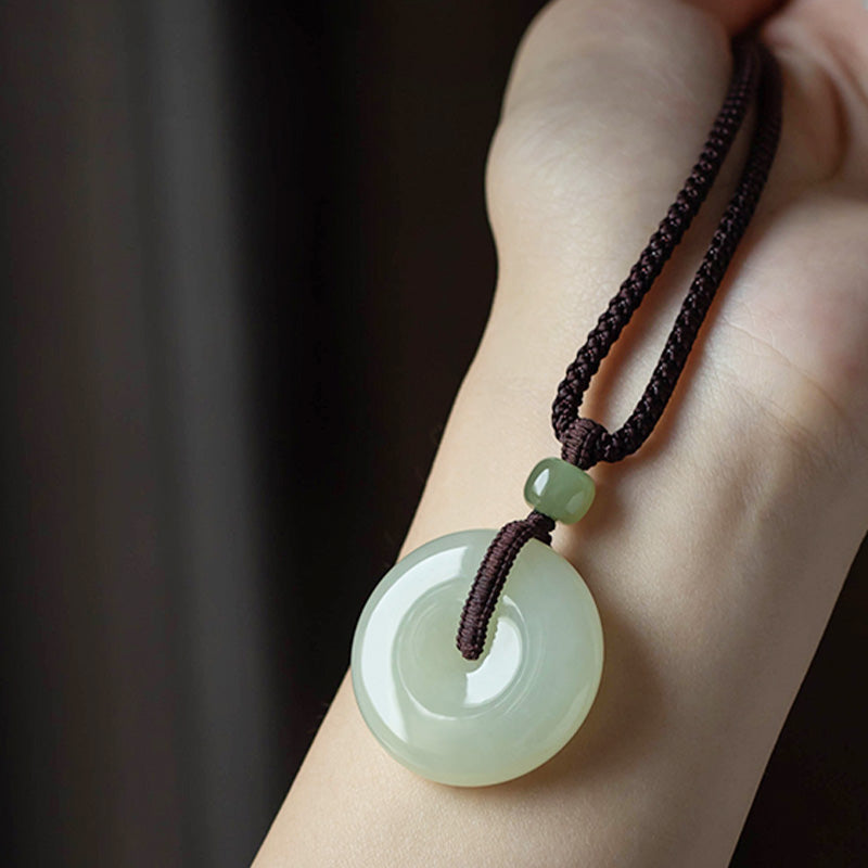 Wear FengShui Natural Round Jade Peace Buckle Luck Prosperity Necklace Pendant
