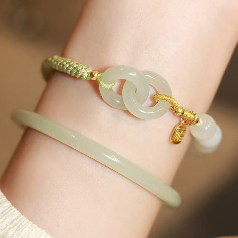 Wear FengShui Natural Hetian Jade Bead Double Peace Buckle Fu Character Abundance Braided Bracelet