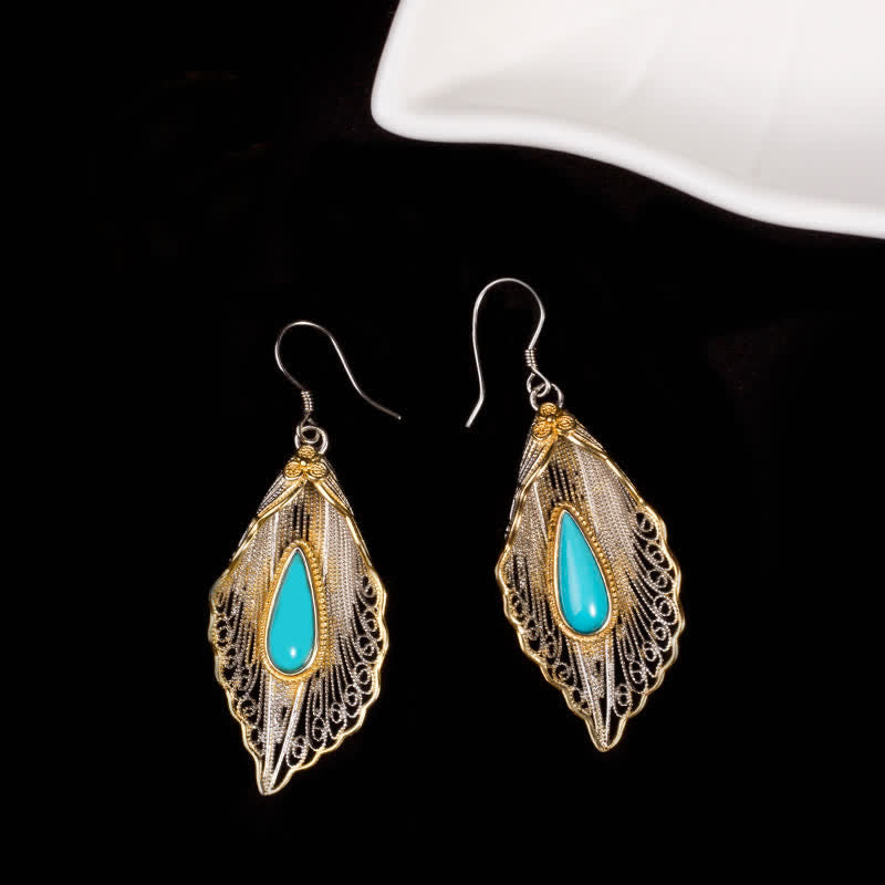 Wear FengShui 925 Sterling Silver Turquoise Bodhi Leaf Pattern Protection Drop Dangle Earrings
