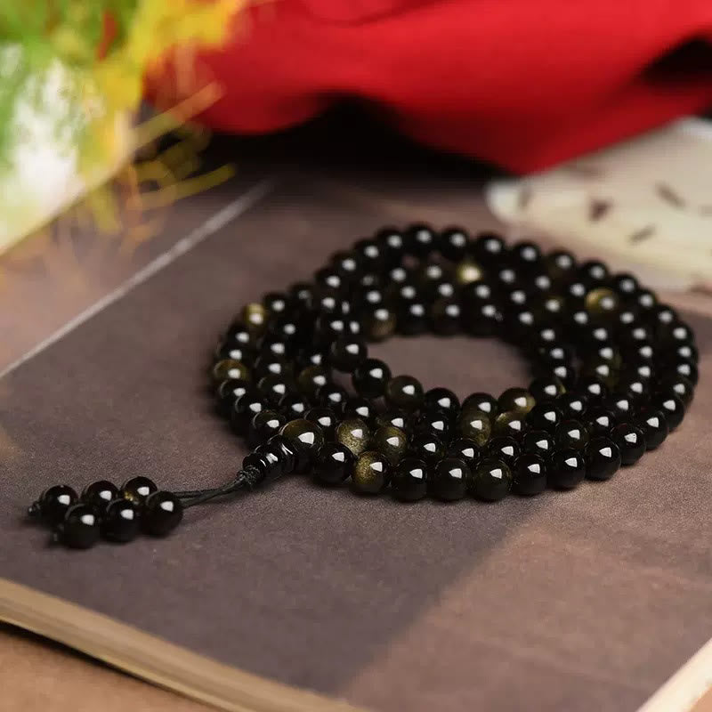 Wear FengShui 108 Mala Beads Natural Gold Sheen Obsidian Wealth Bracelet