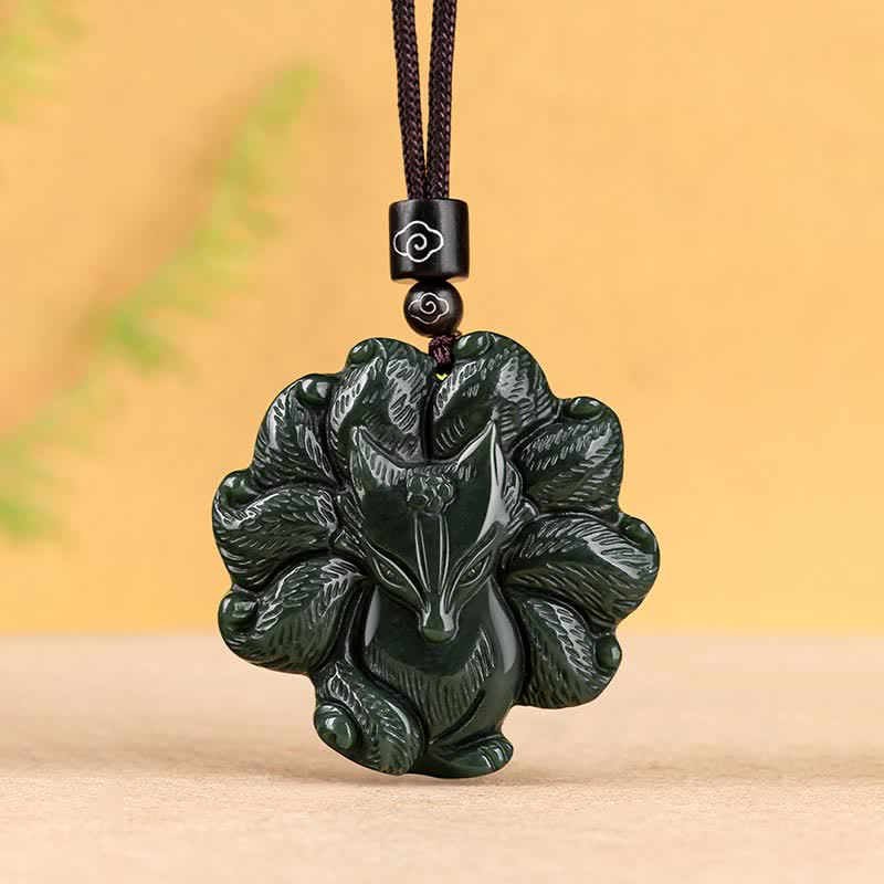 Wear FengShui Hetian Cyan Jade Nine Tailed Fox Luck Necklace String Pendant