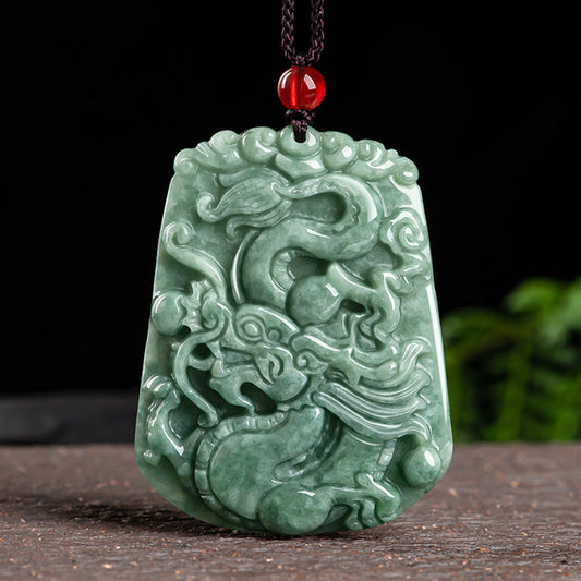 Wear FengShui Chinese Zodiac Dragon Jade Strength Necklace String Pendant