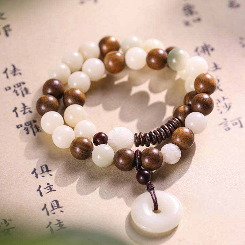 Wear FengShui Bodhi Seed Green Sandalwood Lotus Peace Buckle Harmony Double Wrap Bracelet