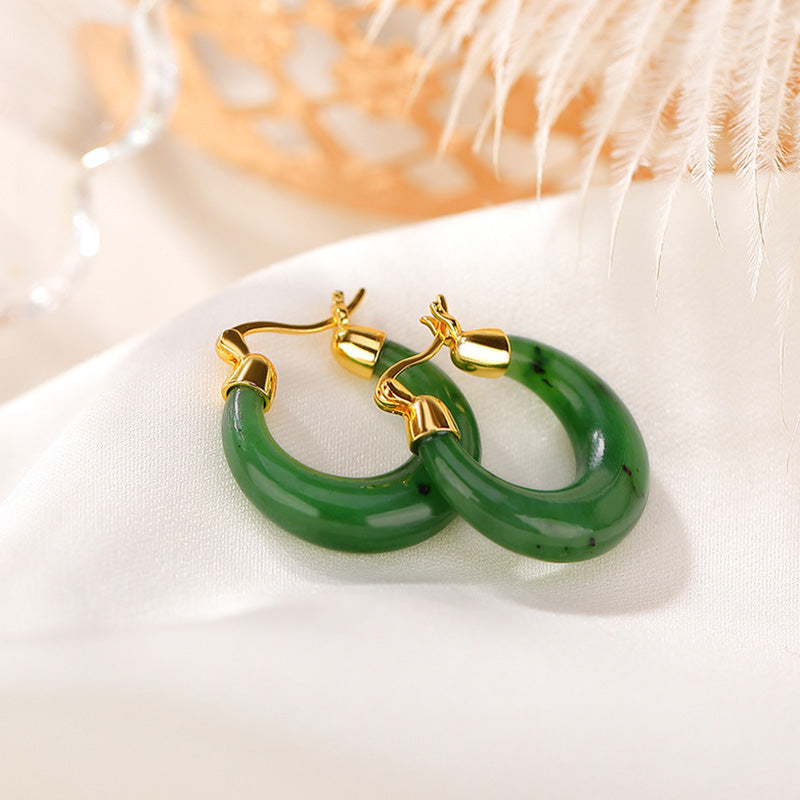 Wear FengShui 925 Sterling Silver Plated Gold Natural Round Hetian Cyan Jade Luck Drop Earrings