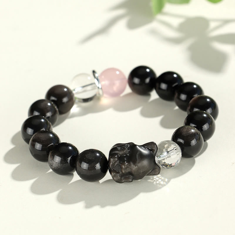 Wear FengShui Natural Silver Sheen Obsidian Cat Head Fox Planet Protection Bracelet