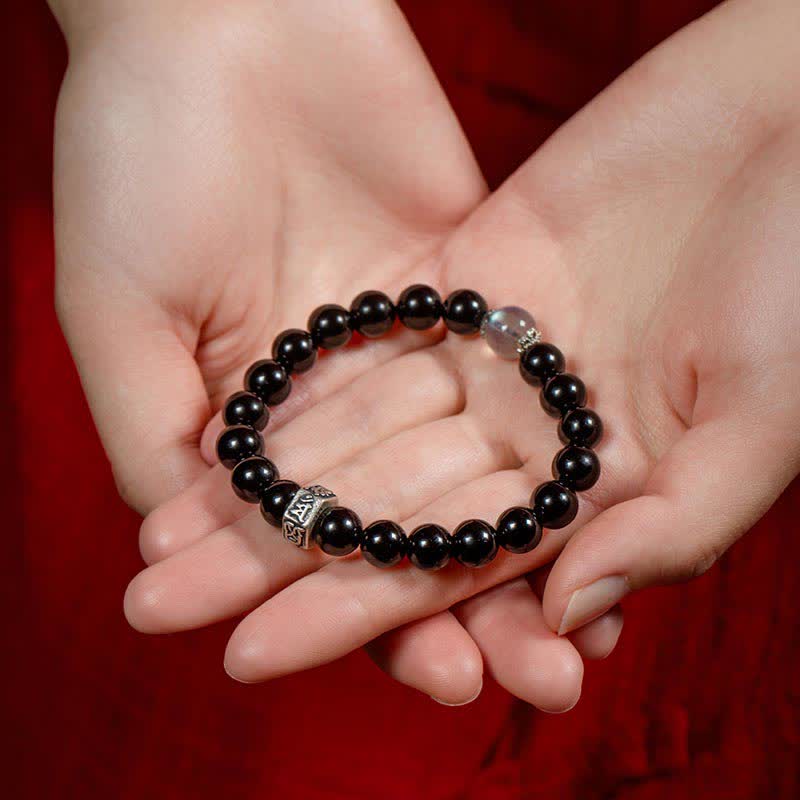 Wear FengShui Chinese Zodiac Natal Buddha 925 Sterling Silver Black Obsidian Moonstone Strength Bracelet