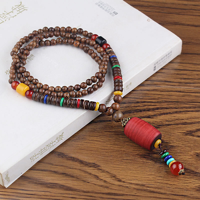 Wear FengShui Tibetan Wenge Wood Bodhi Seed Agate Balance Peace Necklace Pendant
