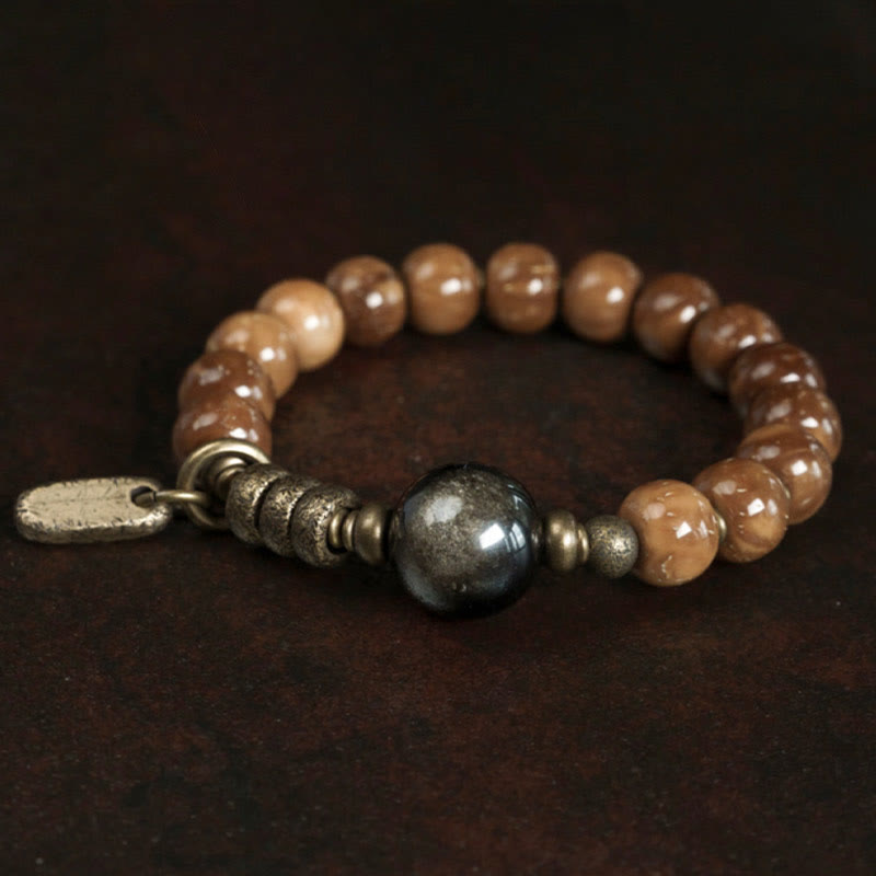 Wear FengShui Kuka Seed Tiger Eye Gold Sheen Obsidian Brass Copper Wealth Luck Bracelet