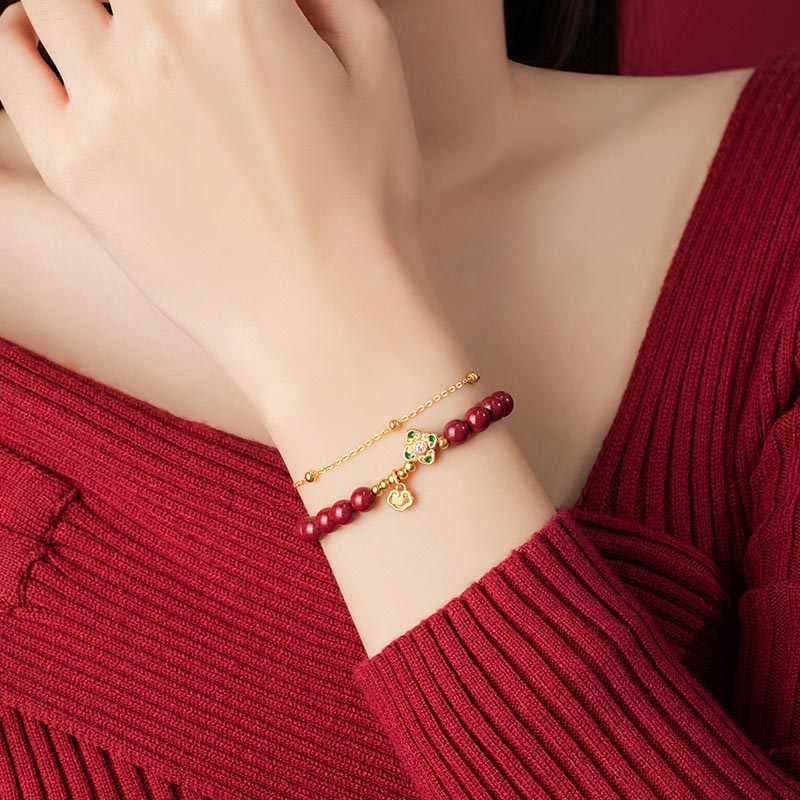 Wear FengShui 925 Sterling Silver Natural Cinnabar Four Leaf Clover Flower Blessing Chain Bracelet