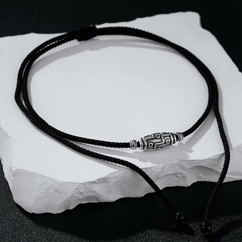 Wear FengShui 999 Sterling Silver Nine-Eye Dzi Bead Pattern Protection Rope Necklace Pendant