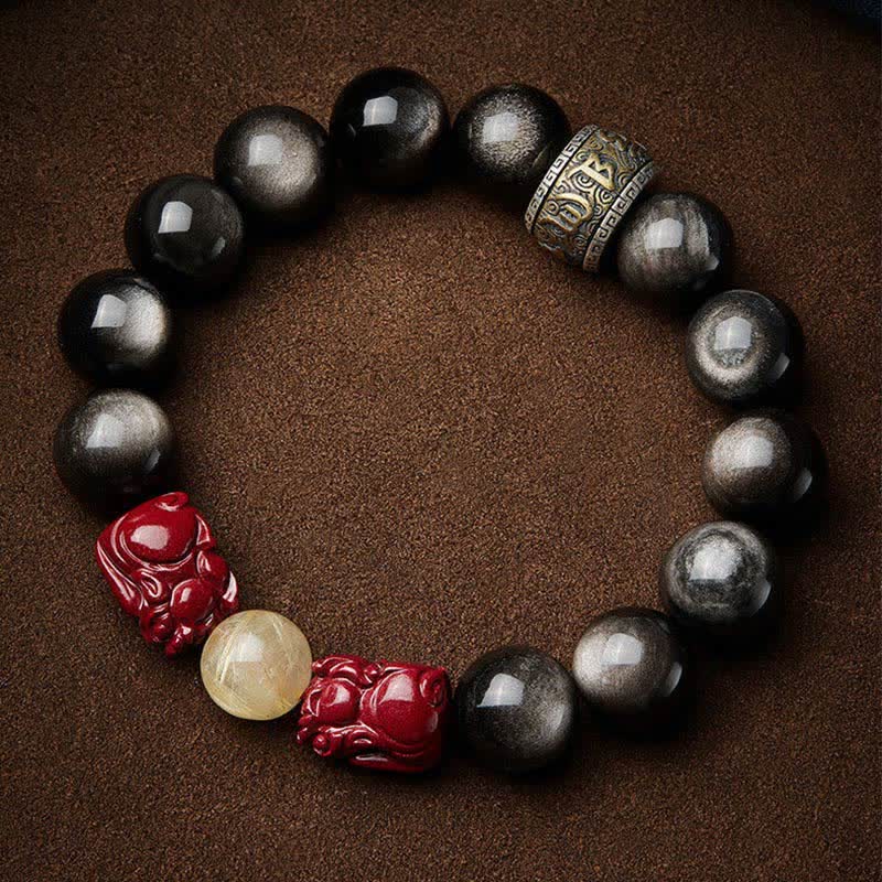 Wear FengShui Gold Sheen Obsidian PiXiu Cinnabar Om Mani Padme Hum Protection Bracelet